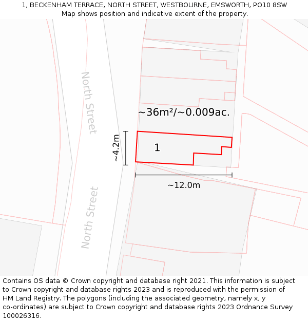 1, BECKENHAM TERRACE, NORTH STREET, WESTBOURNE, EMSWORTH, PO10 8SW: Plot and title map