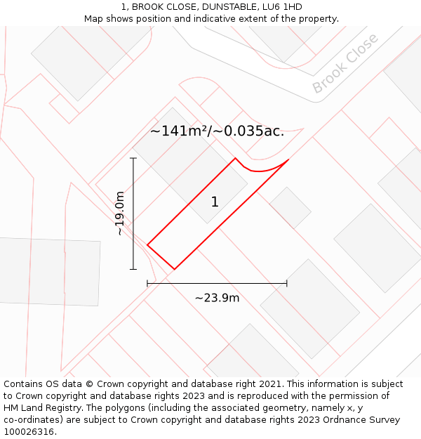 1, BROOK CLOSE, DUNSTABLE, LU6 1HD: Plot and title map