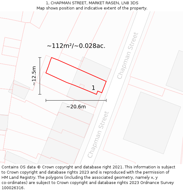 1, CHAPMAN STREET, MARKET RASEN, LN8 3DS: Plot and title map