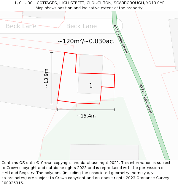 1, CHURCH COTTAGES, HIGH STREET, CLOUGHTON, SCARBOROUGH, YO13 0AE: Plot and title map
