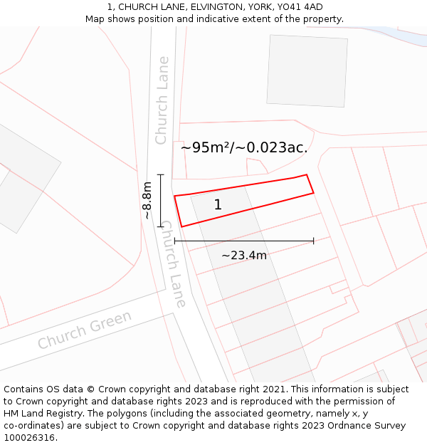 1, CHURCH LANE, ELVINGTON, YORK, YO41 4AD: Plot and title map
