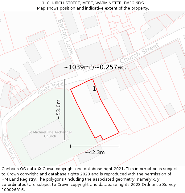 1, CHURCH STREET, MERE, WARMINSTER, BA12 6DS: Plot and title map