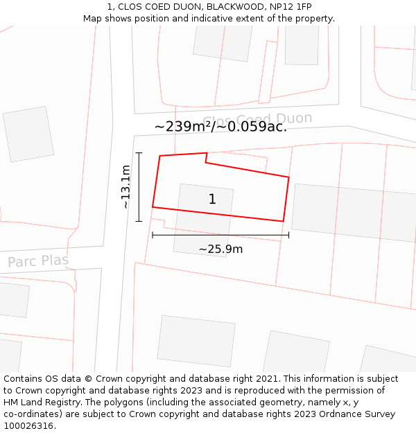 1, CLOS COED DUON, BLACKWOOD, NP12 1FP: Plot and title map