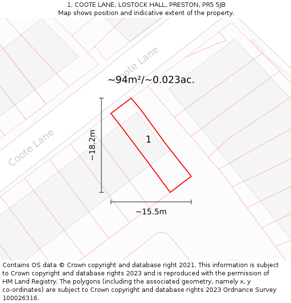 1, COOTE LANE, LOSTOCK HALL, PRESTON, PR5 5JB: Plot and title map