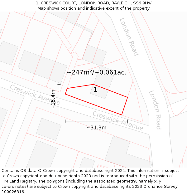 1, CRESWICK COURT, LONDON ROAD, RAYLEIGH, SS6 9HW: Plot and title map