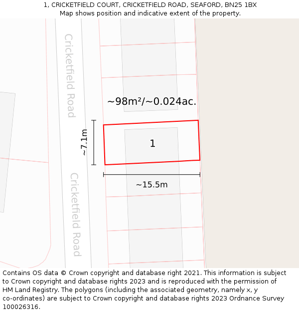 1, CRICKETFIELD COURT, CRICKETFIELD ROAD, SEAFORD, BN25 1BX: Plot and title map