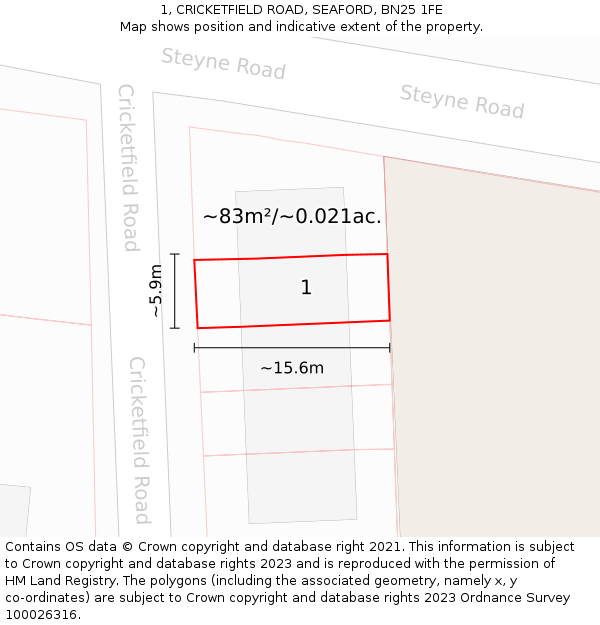 1, CRICKETFIELD ROAD, SEAFORD, BN25 1FE: Plot and title map