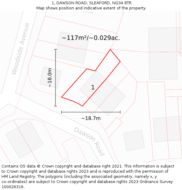 1, DAWSON ROAD, SLEAFORD, NG34 8TR: Plot and title map