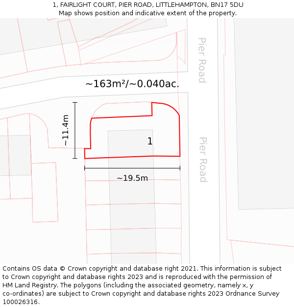 1, FAIRLIGHT COURT, PIER ROAD, LITTLEHAMPTON, BN17 5DU: Plot and title map