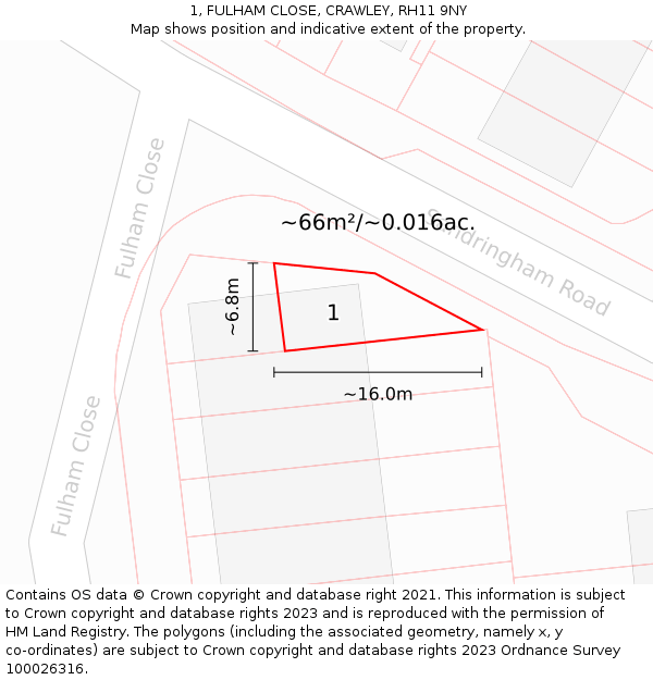 1, FULHAM CLOSE, CRAWLEY, RH11 9NY: Plot and title map
