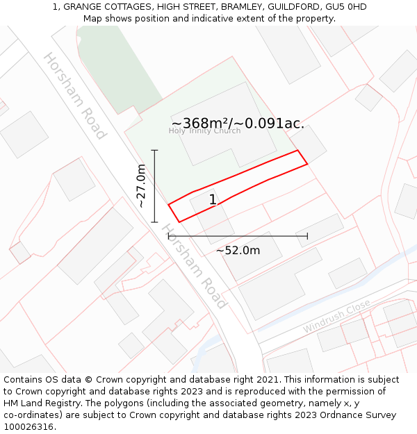 1, GRANGE COTTAGES, HIGH STREET, BRAMLEY, GUILDFORD, GU5 0HD: Plot and title map