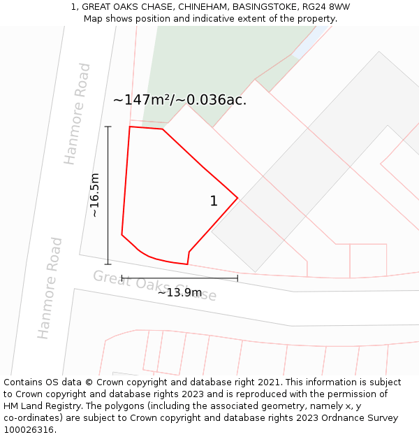 1, GREAT OAKS CHASE, CHINEHAM, BASINGSTOKE, RG24 8WW: Plot and title map