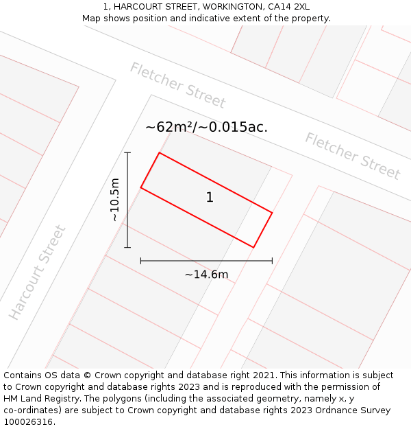 1, HARCOURT STREET, WORKINGTON, CA14 2XL: Plot and title map