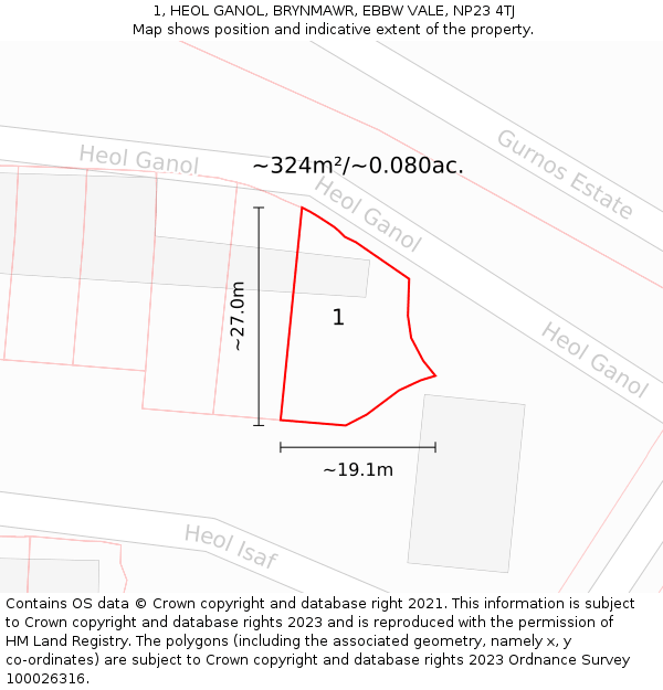 1, HEOL GANOL, BRYNMAWR, EBBW VALE, NP23 4TJ: Plot and title map