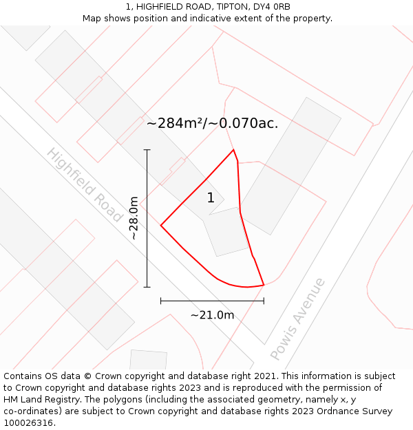 1, HIGHFIELD ROAD, TIPTON, DY4 0RB: Plot and title map