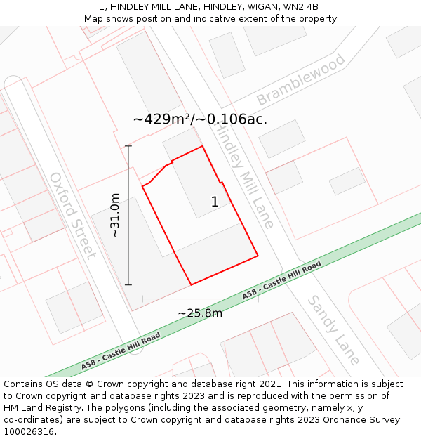 1, HINDLEY MILL LANE, HINDLEY, WIGAN, WN2 4BT: Plot and title map