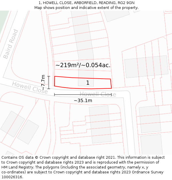 1, HOWELL CLOSE, ARBORFIELD, READING, RG2 9GN: Plot and title map
