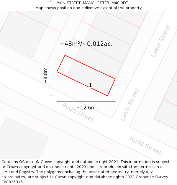 1, LAKIN STREET, MANCHESTER, M40 9DT: Plot and title map