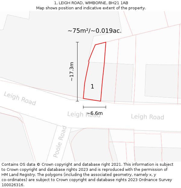1, LEIGH ROAD, WIMBORNE, BH21 1AB: Plot and title map