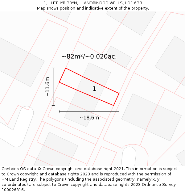 1, LLETHYR BRYN, LLANDRINDOD WELLS, LD1 6BB: Plot and title map