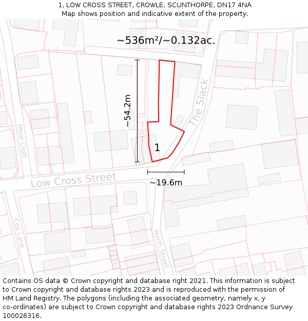 1, LOW CROSS STREET, CROWLE, SCUNTHORPE, DN17 4NA: Plot and title map