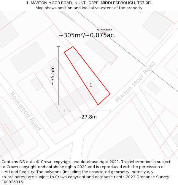 1, MARTON MOOR ROAD, NUNTHORPE, MIDDLESBROUGH, TS7 0BL: Plot and title map
