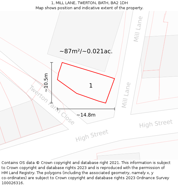 1, MILL LANE, TWERTON, BATH, BA2 1DH: Plot and title map