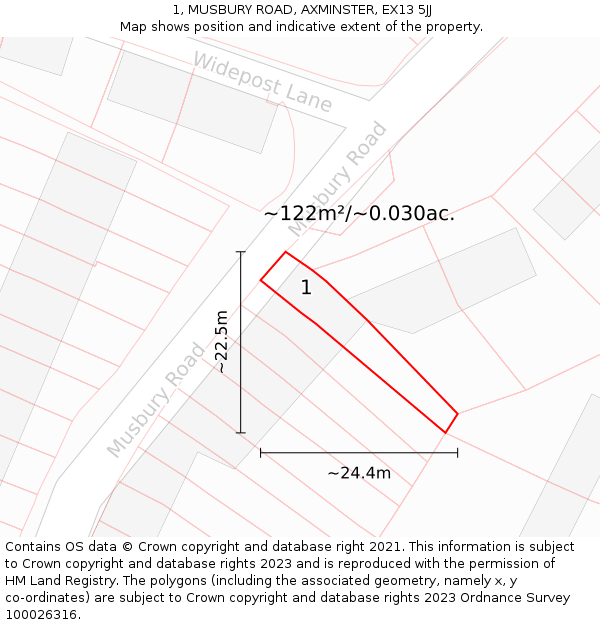 1, MUSBURY ROAD, AXMINSTER, EX13 5JJ: Plot and title map