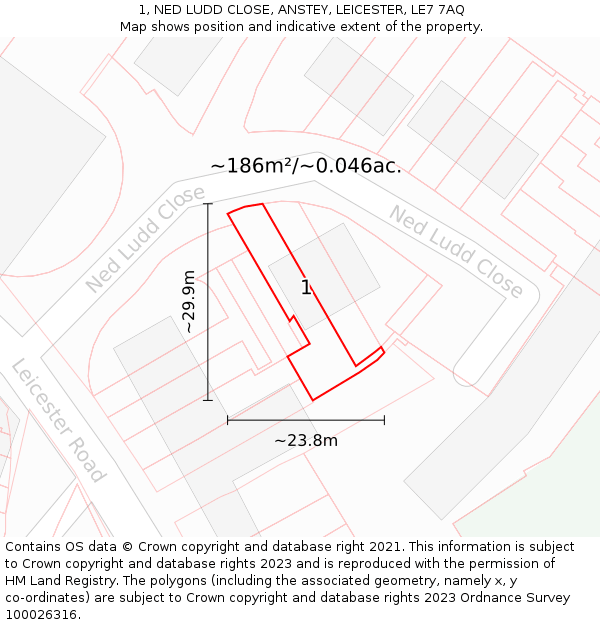 1, NED LUDD CLOSE, ANSTEY, LEICESTER, LE7 7AQ: Plot and title map