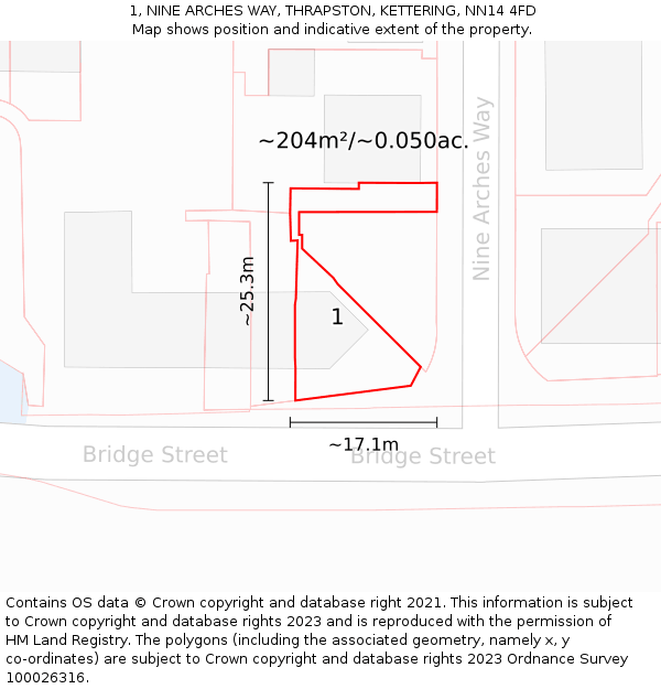 1, NINE ARCHES WAY, THRAPSTON, KETTERING, NN14 4FD: Plot and title map