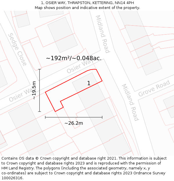 1, OSIER WAY, THRAPSTON, KETTERING, NN14 4PH: Plot and title map