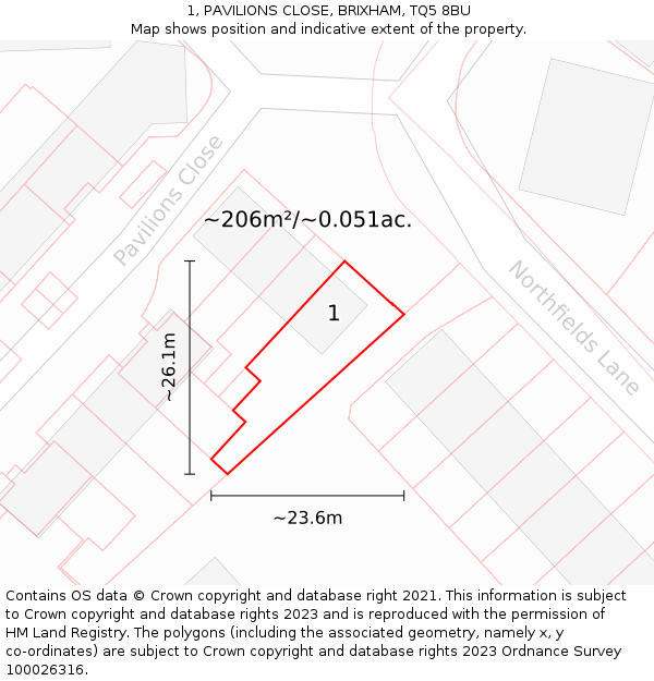 1, PAVILIONS CLOSE, BRIXHAM, TQ5 8BU: Plot and title map