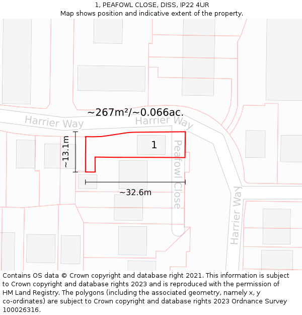 1, PEAFOWL CLOSE, DISS, IP22 4UR: Plot and title map