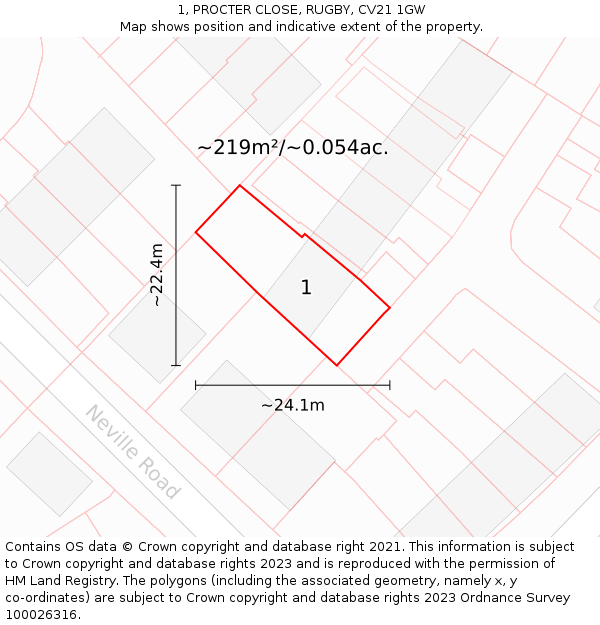 1, PROCTER CLOSE, RUGBY, CV21 1GW: Plot and title map