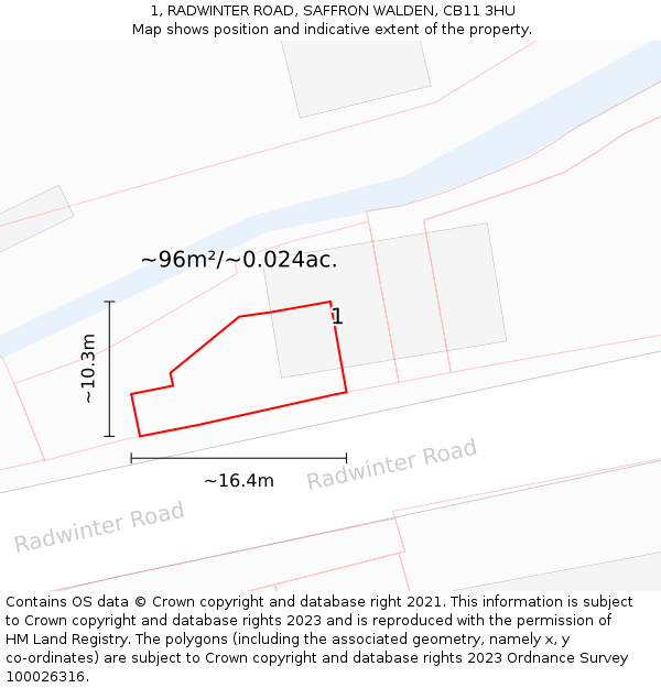 1, RADWINTER ROAD, SAFFRON WALDEN, CB11 3HU: Plot and title map