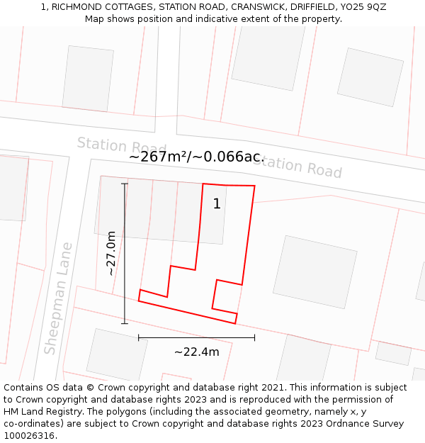 1, RICHMOND COTTAGES, STATION ROAD, CRANSWICK, DRIFFIELD, YO25 9QZ: Plot and title map