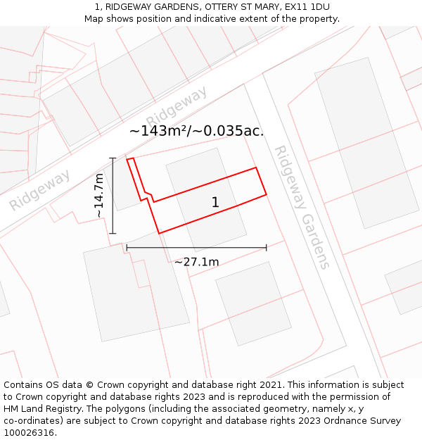 1, RIDGEWAY GARDENS, OTTERY ST MARY, EX11 1DU: Plot and title map