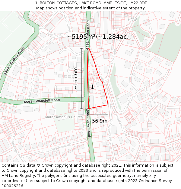 1, ROLTON COTTAGES, LAKE ROAD, AMBLESIDE, LA22 0DF: Plot and title map