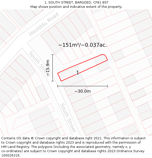 1, SOUTH STREET, BARGOED, CF81 8ST: Plot and title map
