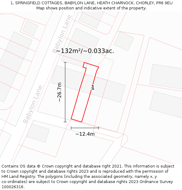 1, SPRINGFIELD COTTAGES, BABYLON LANE, HEATH CHARNOCK, CHORLEY, PR6 9EU: Plot and title map