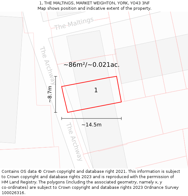 1, THE MALTINGS, MARKET WEIGHTON, YORK, YO43 3NF: Plot and title map