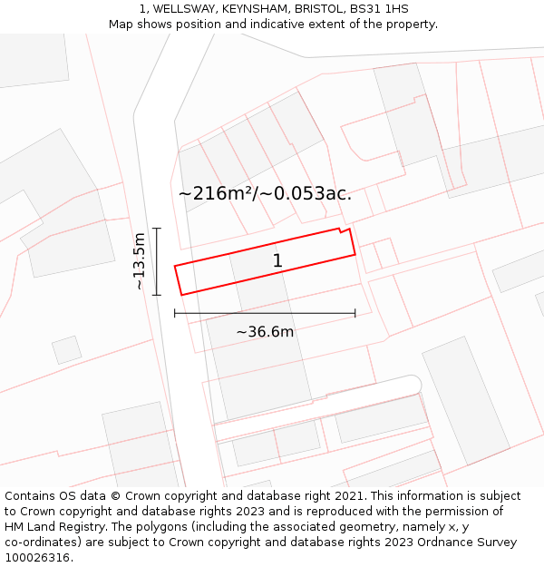 1, WELLSWAY, KEYNSHAM, BRISTOL, BS31 1HS: Plot and title map