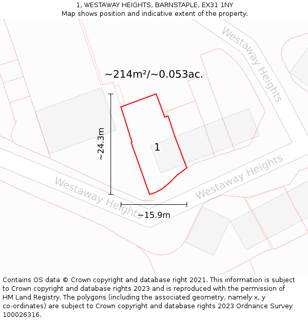 1, WESTAWAY HEIGHTS, BARNSTAPLE, EX31 1NY: Plot and title map