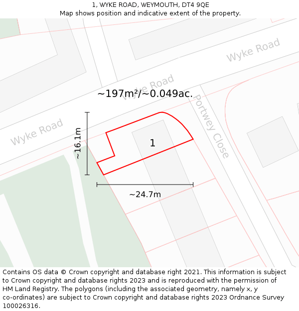 1, WYKE ROAD, WEYMOUTH, DT4 9QE: Plot and title map