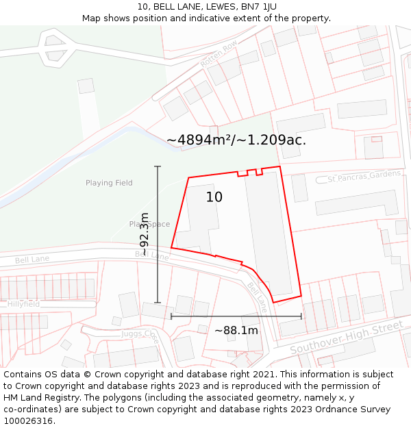 10, BELL LANE, LEWES, BN7 1JU: Plot and title map