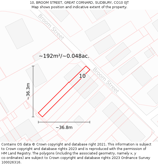 10, BROOM STREET, GREAT CORNARD, SUDBURY, CO10 0JT: Plot and title map