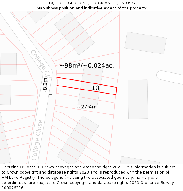 10, COLLEGE CLOSE, HORNCASTLE, LN9 6BY: Plot and title map