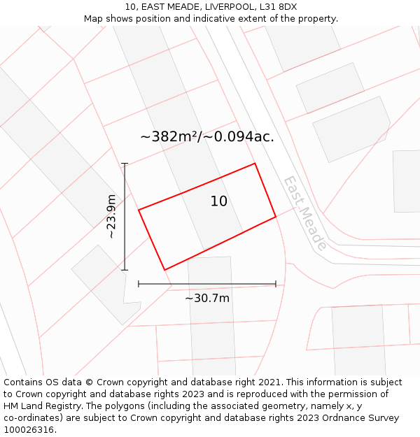 10, EAST MEADE, LIVERPOOL, L31 8DX: Plot and title map