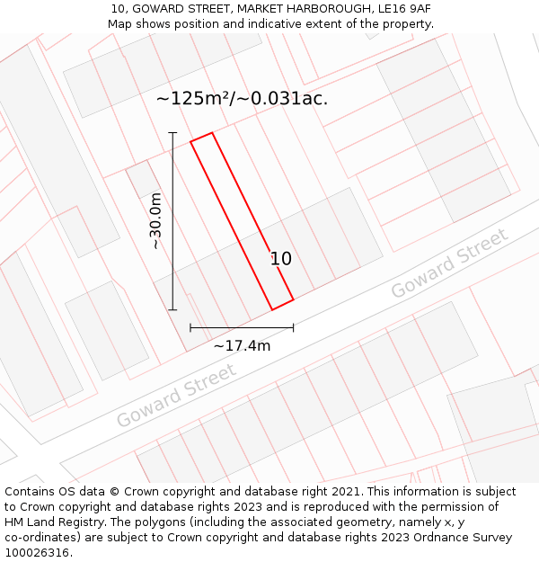 10, GOWARD STREET, MARKET HARBOROUGH, LE16 9AF: Plot and title map