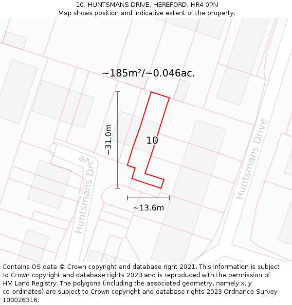 10, HUNTSMANS DRIVE, HEREFORD, HR4 0PN: Plot and title map
